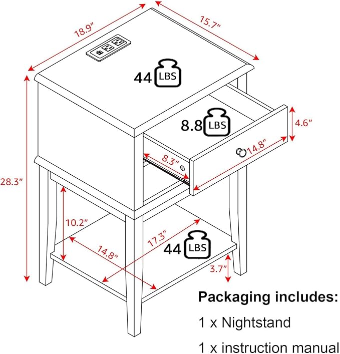 conifferism White Nightstand with Charging Station 28 inches Tall for Bedroom, Sofa Side Table with 2 Drawers,Large End Table with USB Ports,Modern Bedside Table for Home Living Room - Image 3