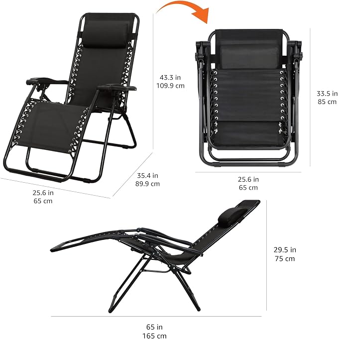Amazon Basics Outdoor Patio Zero Gravity Portable Folding Reclining Lounge Chair with Padded Headrest Pillow, Weather Resistant Textilene, 26", Black - Image 3