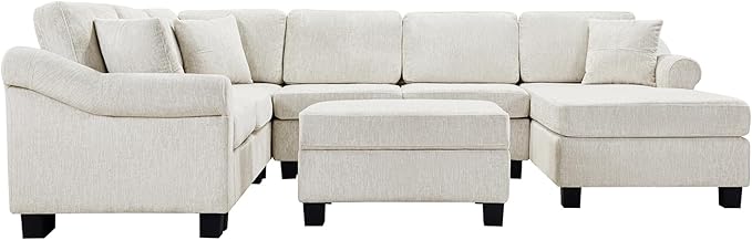 ERYE 112" U-Shaped Sectional Sofa with Movable Storage Ottoman, Oversized Chenille Upholstered Corner Modular Sofa Couch W/Right Facing Chaise Lounge and 3 Toss Pillows