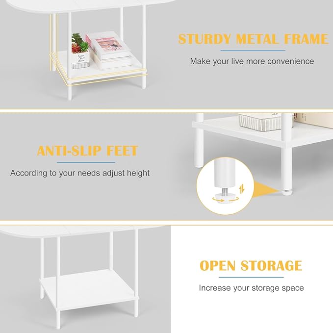 OYEAL White Coffee Table for Living Room, Small Oval Coffee Table with Storage and Wood Tabletop, Mid Century Round Center Table for Small Space, Home Office