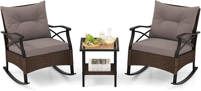Tangkula 3 Pieces Outdoor Rocking Chairs Set, Rattan Heavy Duty Cushioned Rocker Chairs with 2-Tier Tempered Glass Coffee Table, for Garden, Balcony, Backyard by TANGKULA