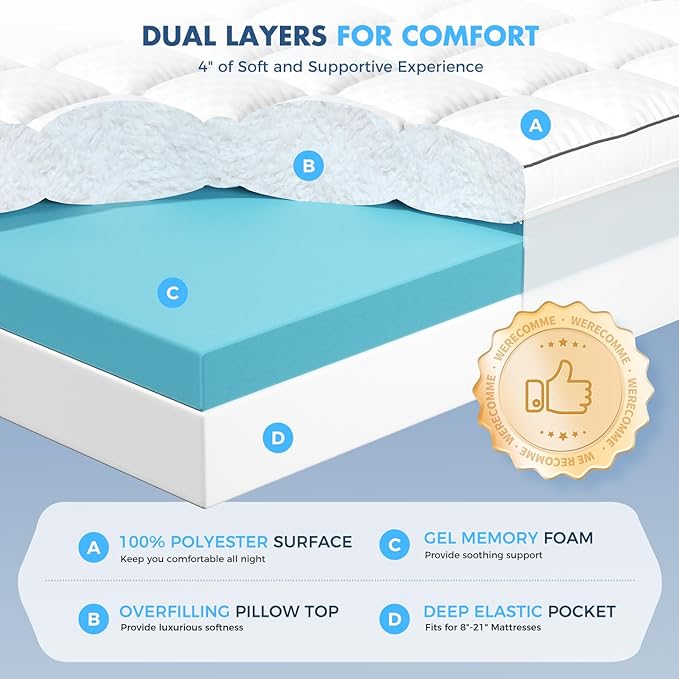 Queen Size Dual Layer 4 Inch Memory Foam Mattress Topper for Pressure Relief, 2" Breathable Pillow Top Plus 2" Cooling Gel Memory Foam Mattress Pad, 21" Elastic Pocket, Medium Support, White