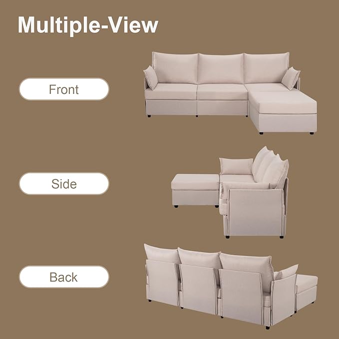 93.7” Sectional Sofa with Movable Ottoman, 3 Seaters L Shaped Couch Modular Sofa Bed with 2 Armrest Pillows, Small Sectional Couch for Living Room Bedroom Small Space Furniture, Beige