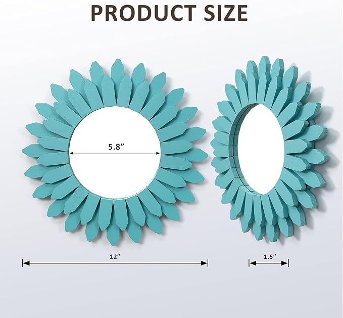 Honiway Beach Wall Decor Mirror 2 Pack 12 inch Wood Coastal Wall Decor Sunburst Boho Home Decor Room Decor for Bedroom Living Room Entryway Cyan - Image 6