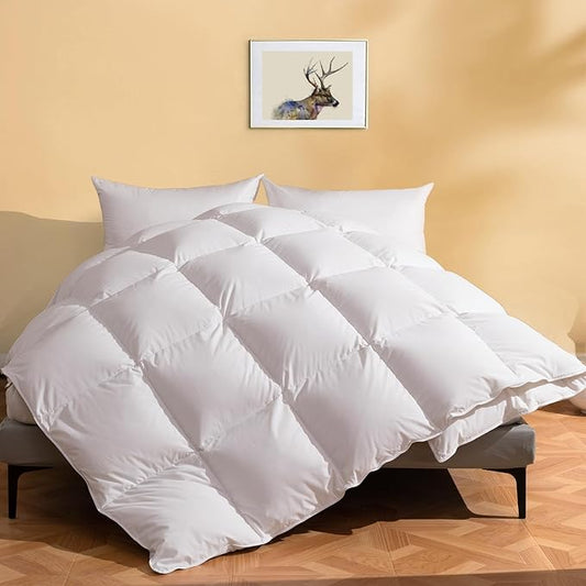 DWR Luxury Feather Down Fiber Comforter Super King Size, Ultra-Soft Cotton-Blend Fabric, Light Weight for Hot Sleepers/Warm Weather Hotel Style Duvet Insert with Ties (120"x120", White)