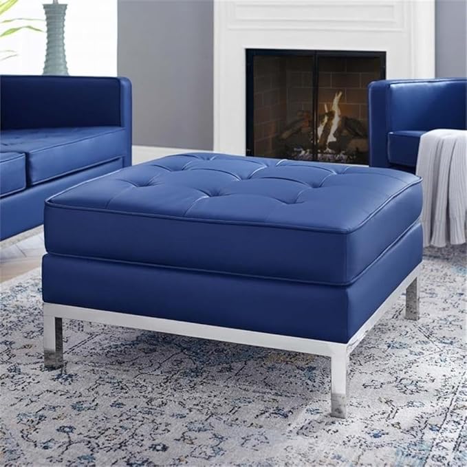 Modway EEI-3394 Loft Tufted Button Faux Leather Upholstered Square Ottoman in Silver Navy