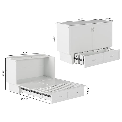 AFI, Chelsea Mid-Century Modern Queen Solid Wood Murphy Bed Chest with 6" Mattress, Storage Drawer & Built-in USB Charger, White