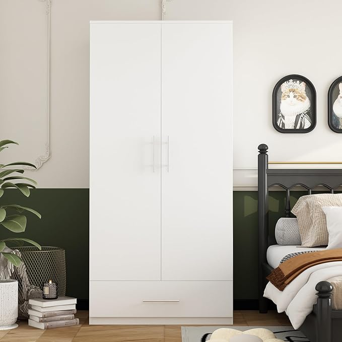 AIEGLE 2 Doors Wardrobe Armoire with Drawer, Freestanding Armoire Wardrobe Closet with Hanging Rod, Bedroom Wood Clothes Storage Cabinet Organizer in White (31.5" W x 18.9" D x 66.9" H)