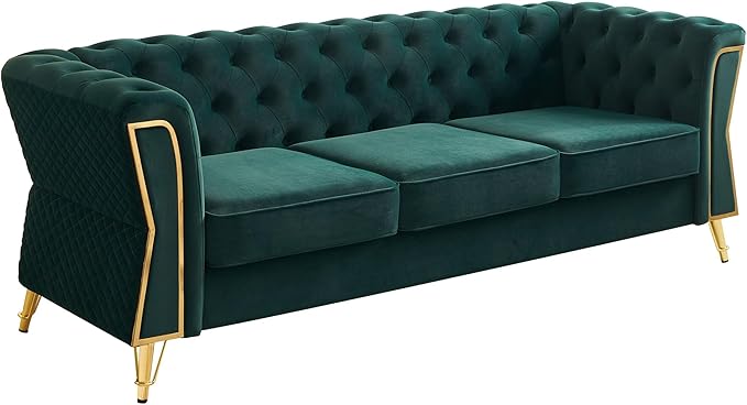 KEIKI 87" Chesterfield Velvet Button Tufted Sofa with High Density Foam Cushions, Modern Style 3-Seater Couch with Gold Strip Trim Decoration, Easy Assembly, for Apartment, Living Room, Office, Green