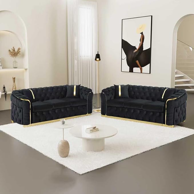 KEIKI 2-Piece Luxury Chesterfield Sofa Set with 2 Oversized Velvet 3-Seater Sofa, Upholstered Modern 6-Seater Button Tufted Couch Set with 4 Pillow, Gold Stainless Decoration, for Living Room, Black