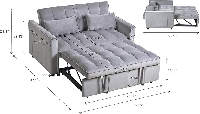 Convertible Sofa Bed, Pull Out Couch with Side Pockets, 3 in 1 Velvet Fabric Loveseat Sleeper Sofa Bed, Pull Out Couch with Adjustable Backrest for Living Room, Bedroom, Apartment, Gray