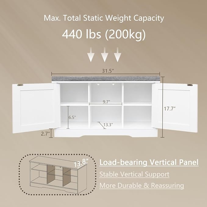 DINZI LVJ Shoe Bench, Entryway Storage Bench with Doors, Cushion, 2-Tier Shoe Rack with 6-Cubby, 31.5”L x 13.8”W Shoe Organizer Cabinet, Adjustable Shelf, Living Room, Bedroom, White - Image 3