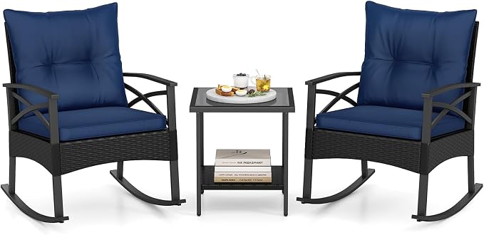 Tangkula 3 Pieces Outdoor Rocking Chairs Set, Rattan Heavy Duty Cushioned Rocker Chairs with 2-Tier Tempered Glass Coffee Table, for Garden, Balcony, Backyard (Black+Navy) by TANGKULA