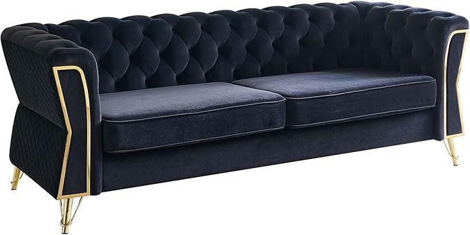KEIKI 87" Chesterfield Velvet Button Tufted Sofa with High Density Foam Cushions, Modern 3-Seater Couch with Gold Strip Trim Decoration, Easy Assembly, for Apartment, Living Room, Office, Black