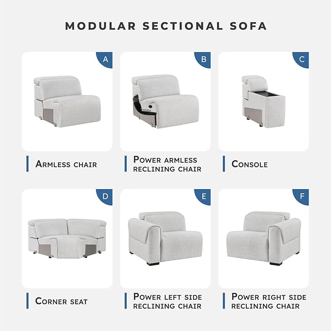 Lexicon Power Reclining Sectional Couches for Living Room-Modular Sectional Sofa, Wall Hugger,3 Recliner Seats, Console Cup Holders, Power Headrests, Charging Ports, 5 Seater Couch, Chenille Cloud