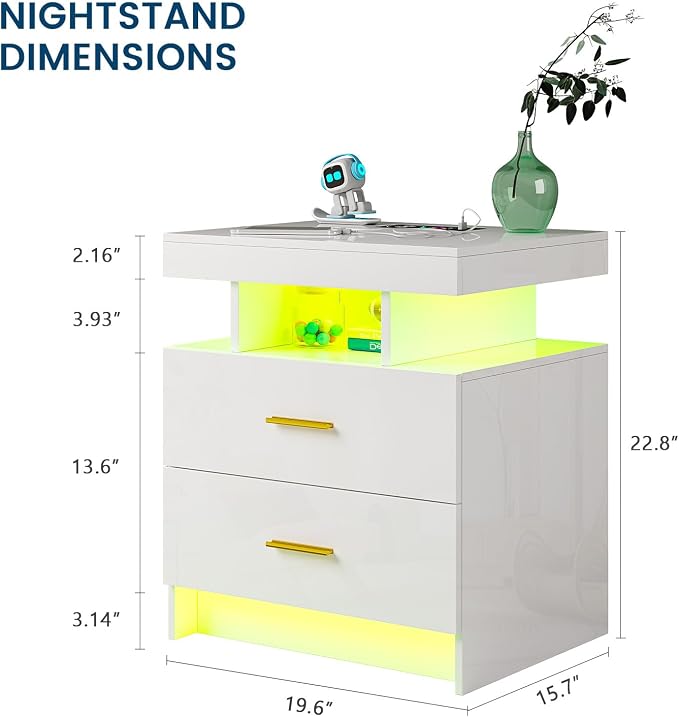 HNEBC Auto LED Nightstand with Wireless Charging Station & USB Ports,High Gloss Bedside Tables with 2 Drawers,Floating Nightstand with 3 Color & Adjustable Brightness for Bedroom,White - Image 2