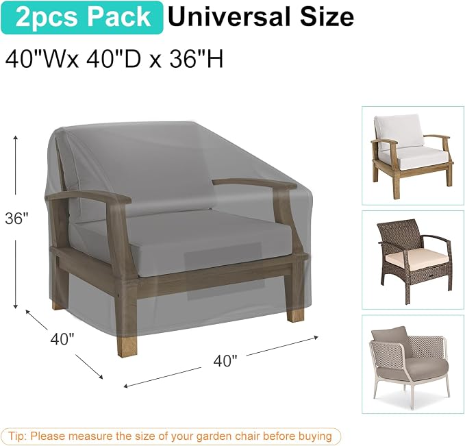 Patio Chair Covers for Outdoor Furniture Waterproof 2 Pack, Lawn Chair Covers 600D Heavy Duty Oxford Cloth, Large Covers for Lounge Lawn Deep Seat Black 40" W x 40" D x 36" H - Image 2
