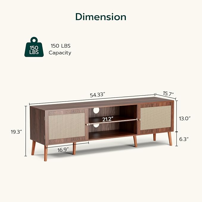 ZttRiee TV Stand for TVs up to 65'', Entertainment Center With Rattan Door, Shelves & 2 Cabinets, Long Boho Media Console for Living Room, Walnut - Image 2