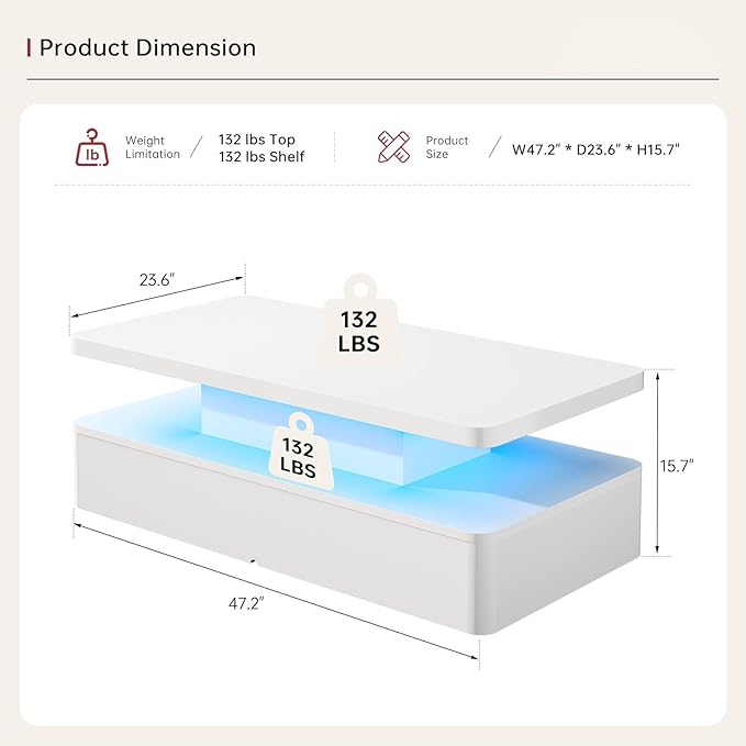 47" Modern Living Room Tables, LED Coffee Table with LED Lights, 2 Tier Rectangular Center Table with Large Storage, High Glossy Surface, Tea Table for Living Room, White