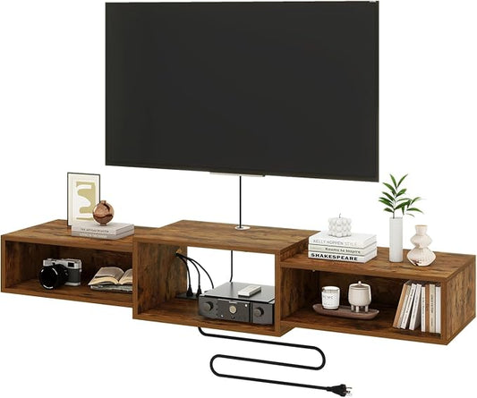 IBUYKE Floating TV Stand Wall Mounted with Power Outlet,Wood Wall Mounted Media Console Shelf,Floating Entertainment Center for Under TV Storage for Living Room Bedroom Office,Rustic Brown WST001H by IBUYKE