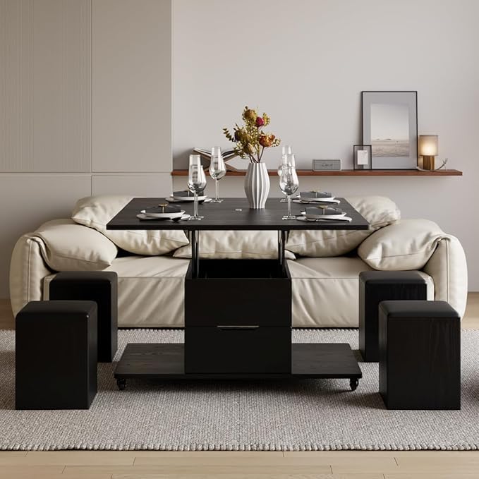 homary Coffee Table with Stools, Black 3-in-1 Modern Lift-Top Folding Center Table with Hidden Storage, Casters, and Lockable Wheels ¨C Convertible Dining & Office Table for Living Room