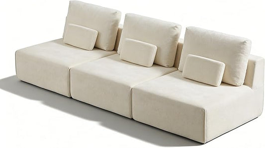Modular Sectional Sofa, 3-Piece Beige Plush Velvet Couch Loveseat, No-Assembly Compressed Deep-Seat 3-Seat for Living Rooms Apartments Family Spaces