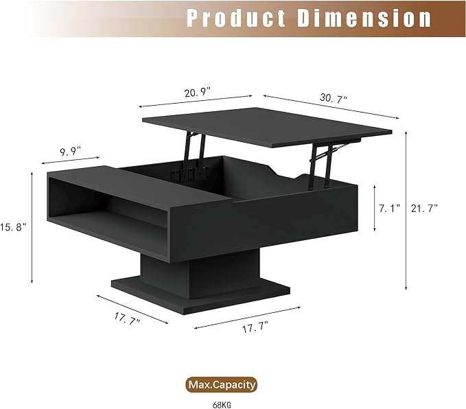 30.7" Lift Top Coffee Table with Storage, Square Black Led Coffee Table with Large Hidden Storage, Wood Living Room Table Led Center Table for Dining Reception Room