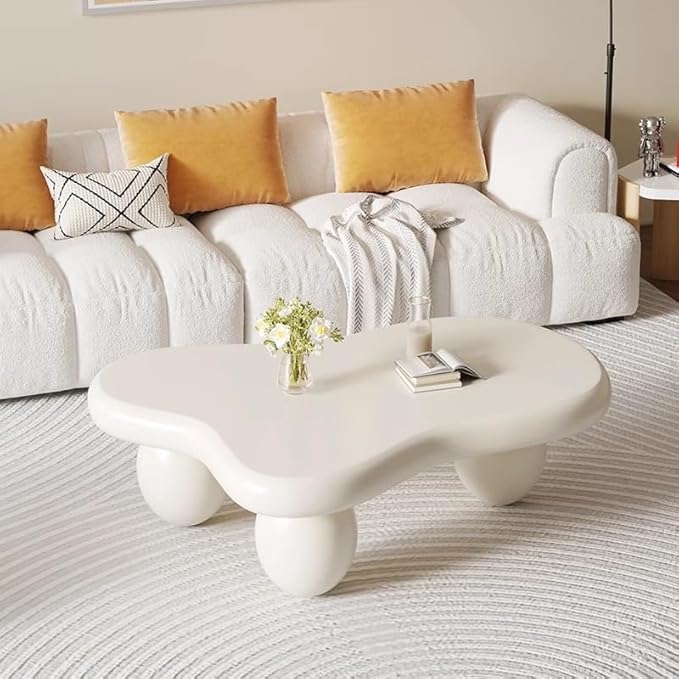 Modern Wooden Coffee Table Cloud Coffee Table Cute Central Living Room Low Table Irregular Indoor End Table with 3 Ball Legs for Living Room Bedroom (White Oval Leg b 47.2 inch)