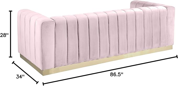 Meridian Furniture 603Pink-S Marlon Collection Modern | Contemporary Velvet Upholstered Sofa with Deep Channel Tufting, Stainless Steel Base in a Brushed Gold Finish, Pink, 86.5" W x 34" D x 28" H