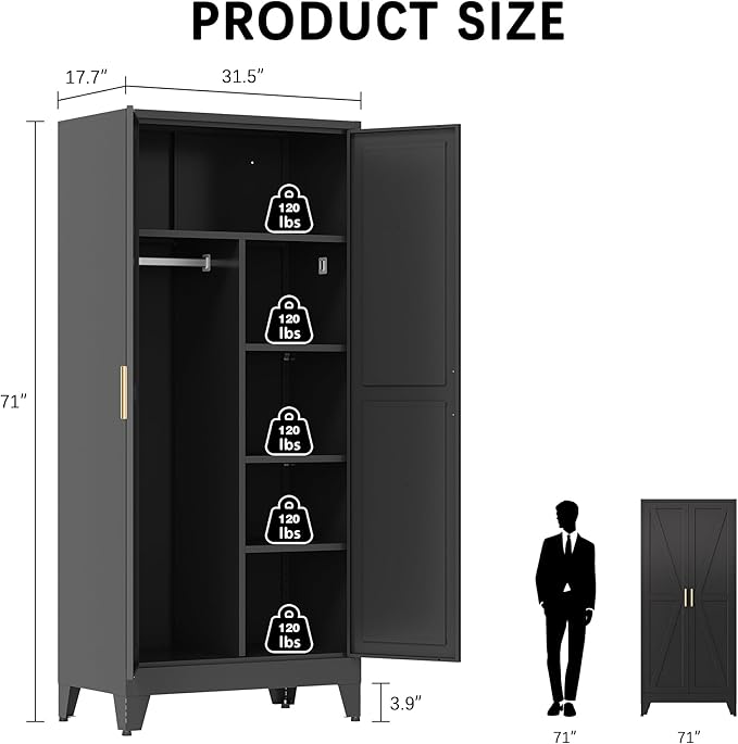 71" Tall Metal Armoire Wardrobe Closet, Clothing Storage Cabinet, Freestanding Wardrobe Cabinet with 4 Adjustable Shelves for Bedroom, Office, Garage