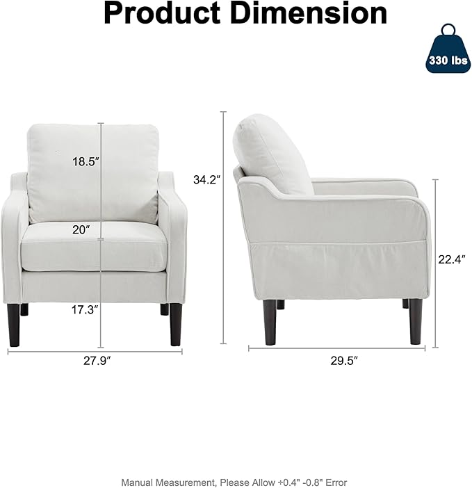 Ribilake Cream Accent Chair - Upholstered Armchair with Side Pockets, Comfy Living Room Arm Chair, Reading Accent Chairs for Bedroom, Living Room, Apartment, Office