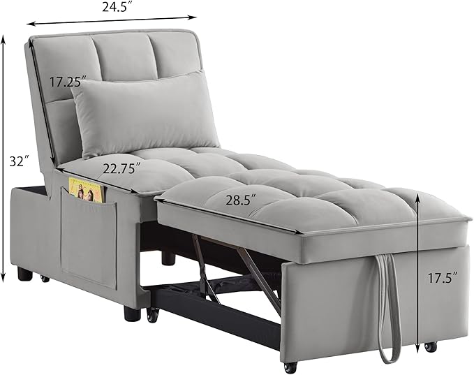3 in 1 Convertible Sleeper Sofa Chair, Velvet Tufted Single Pull Out Couch Bed with Adjustable Backrest and Pillow