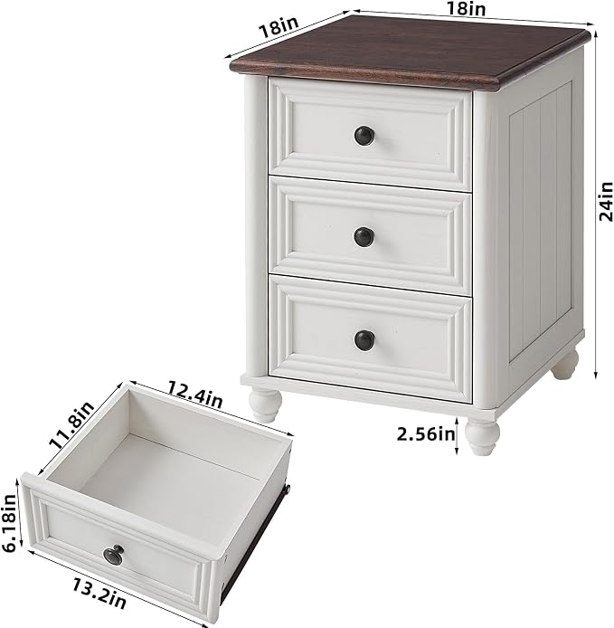 RWYHG 18" Farmhouse Night Stand, White Wood Nightstand with 3 Drawers, Bedside End Table with Storage and Roman Column, Bed Side Tables Cabinet for Bedroom, Living Room, and Closet - Image 2