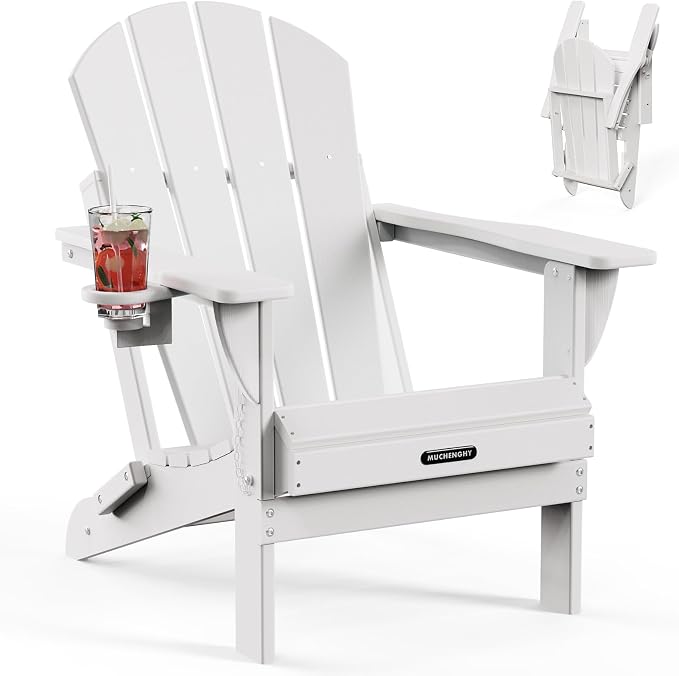 MUCHENGHY Folding Adirondack Chairs, Patio Chairs, Lawn Chairs, Outdoor Chairs, Adirondack Chair Plastic, Fire Pit Chairs, Weather Resistant with Cup Holder for Deck, Backyard, Garden(White) by MUCHENGHY