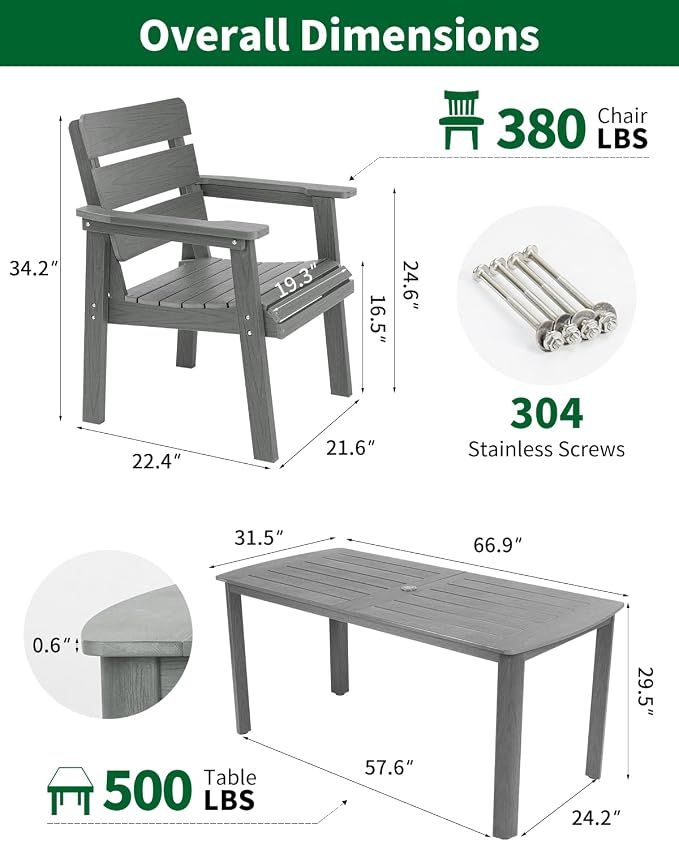 Outdoor Rectangle Dining Table with Rounded Edge, 67" All-Weather HIPS Patio Table for 6, Outdoor Furniture with Umbrella Hole, Ideal for Garden, Poolside, Backyard, Deck, Dark Gray - Image 2