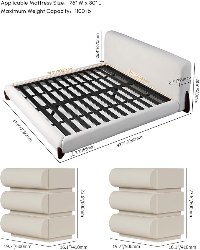 homary 3 Pieces Bedroom Sets, King Size Upholstered Bed with 2 Leather Nightstands – Modern Bedroom Set with Wireless Charging & USB Ports, 2 Drawer Storage Nightstands