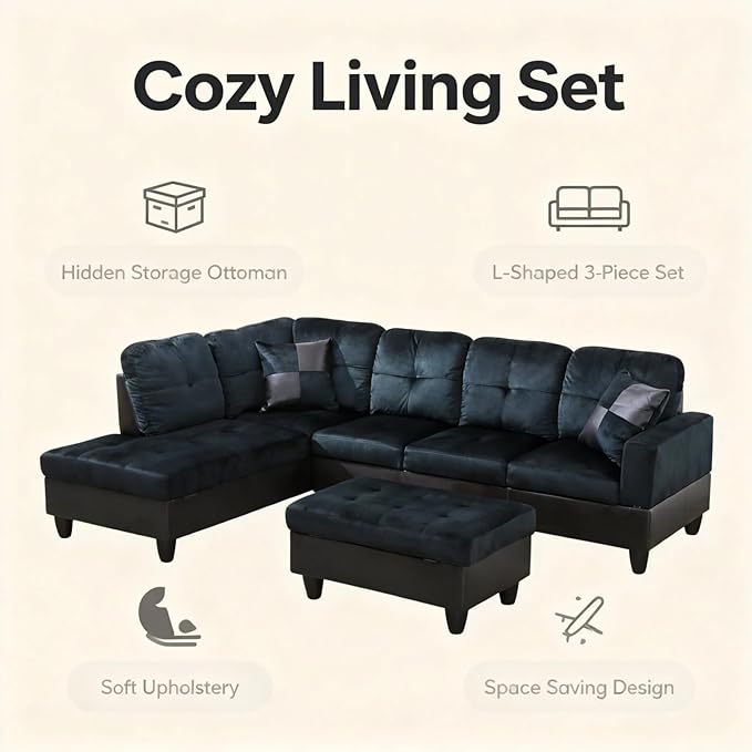 L-Shape Sofa with Storage Ottoman, Lint Sectional Couch with Left Chaise, Modern 3-Piece Sofa Set for Living Room, Upholstered Couch Set with Solid Wood Frame for Apartment, Dark Blue Brown
