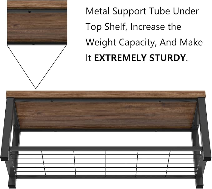 FOLUBAN Shoe Bench, Modern Wood and Metal Storage Bench for Entryway Hallway, Industrial Indoor Bedroom Bench Seat for Living Room, Mudroom, Rustic Walnut, 47 Inch - Image 6