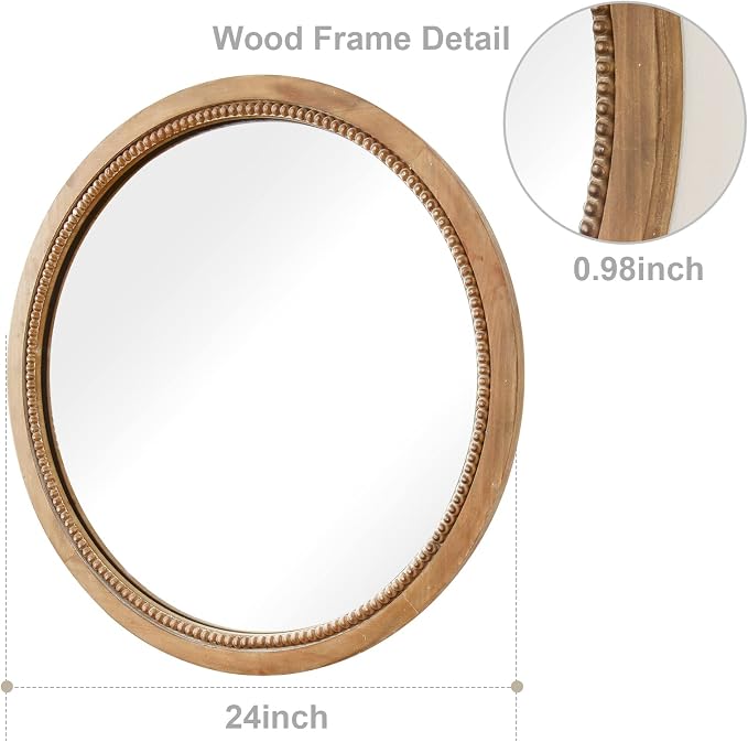 sawsile Round Wood Mirror,28 inch Circle Rustic Farmhouse Natural Wooden Frame Boho Beads Wall Mirror for Bathroom,Living Room,Bedroom or Entryway - Image 2