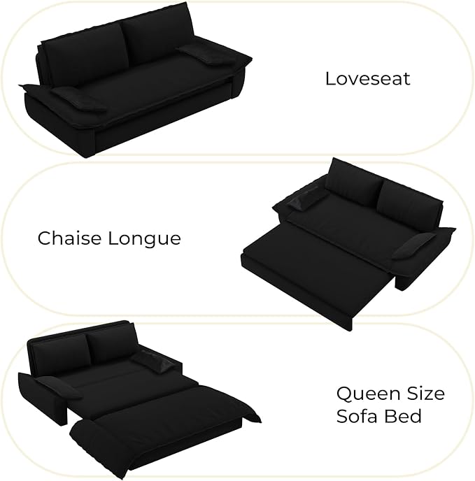 3 in 1 Convertible Sleeper Couch, Queen Full Size Loveseat Pull Out Sofa Bed, Futon Velvet Lounge Sofa with Pillows for Living Room, Bedroom, Apartment, Office, Black