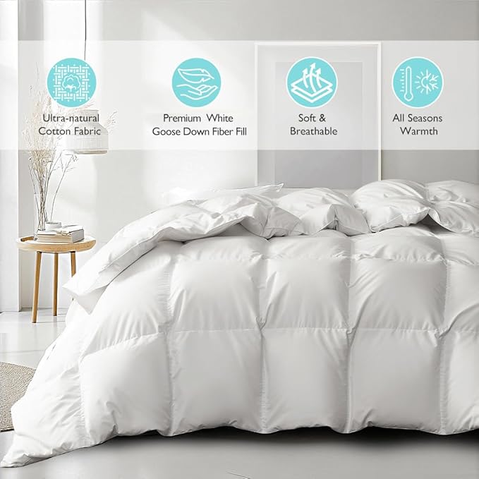 Martha Stewart Goose Down Fiber Cotton Comforter Queen Size, Duvet Insert Queen, Ultra-Soft 1cm Breathable Panel Hotel Collection Hypoallergenic Comforter 42oz All Season Medium Warmth 90x90
