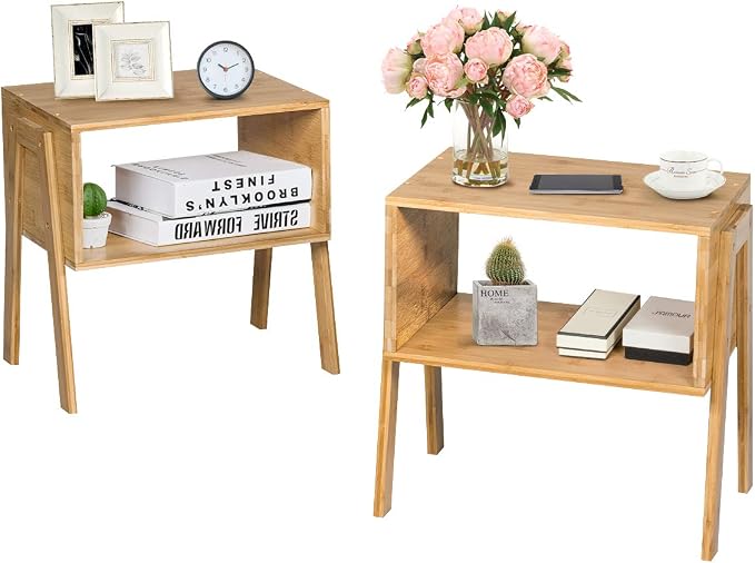 Giantex Bamboo Nightstand Set of 2, Stackable Side Table with 2-Tier Open Storage for Small Spaces, End Table with Solid Bamboo Legs, Easy to Assemble by Giantex