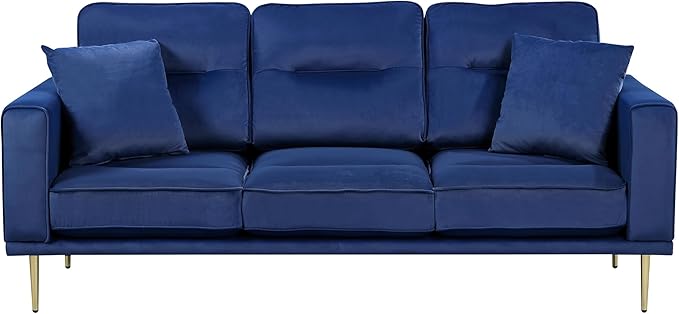 Lexicon Velvet Sofa Couch, Modern Couches, Metal Seat Base Metal Legs with Gold-Tone Finish, 82 inch Sofa with 2 Throw Pillows, 3 Seater Couches for Living Room, Bedroom, Apartment, Blue