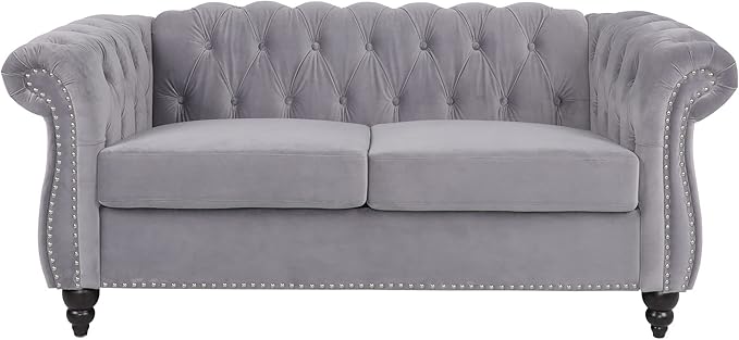 LEVNARY Velvet Sofa, Chesterfield Tufted Upholstered 2 Seater Couch, Modern Loveseat Couch Classic Furniture for Living Room Bedroom (Gray)