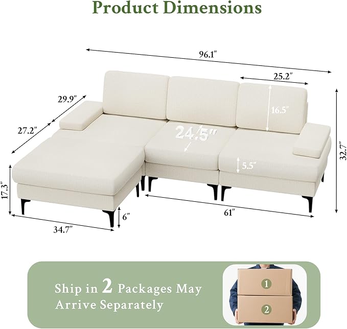 Sectional Couches for Living Room, 96" Chenille Modern L Shaped Couch with Ottoman, Deep 4 Seater Sofas for Living Room, Sectional Sofa for Bedroom, Office, Apartment, Pearl White