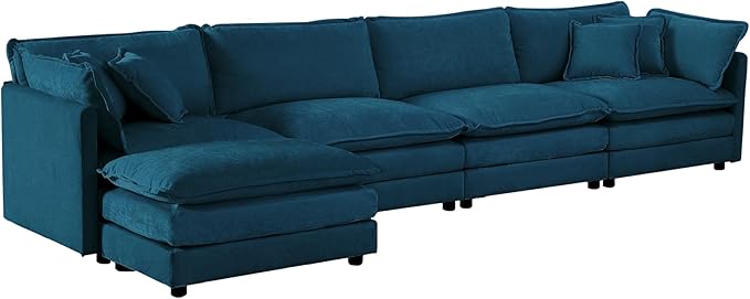ERYE Shaped Oversized Sectional Sofa Modern Deep Seat Reversible Chaise Sofa&Couch with Movable Ottoman, Modular Sleeper Upholstered Couch for Living Room, Apartment, Studio, Office, 146.5", Blue/L