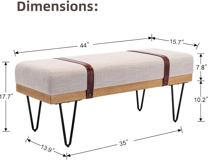 LukeAlon 44" Upholstered Storage Bench, Modern Linen Ottoman with Straps & Metal Hairpin Legs, Industrial Entryway Bench for Bedroom End of Bed, Living Room, Dining Room, Beige - Image 2