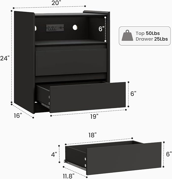 24" Tall Nightstand with Charging Station Including USB-C, Modern Bedside Table and Sofa End Table - Black, 2 Drawers, Set of 2 - Image 2