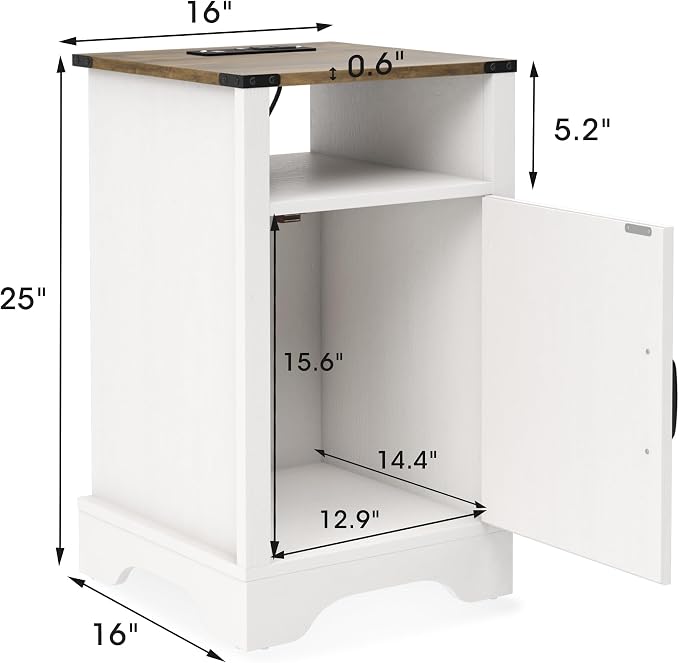 RoyalCraft Farmhouse Nightstand Set of 2, End Table with Charging Station, Tall Bedside Table with Large Storage and Shelf, Wooden Side Table with for Bedroom, Home Office, White and Rustic Oak - Image 2