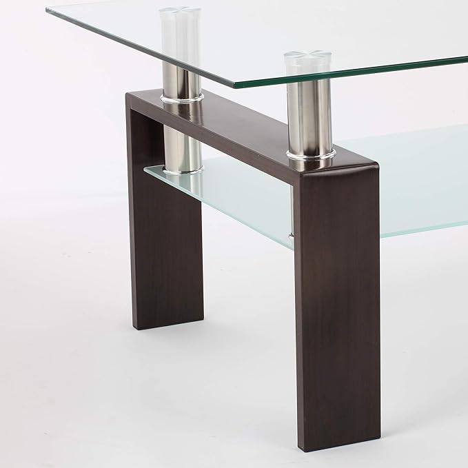 IANIYA Black Walnut Rectangle Tempered Glass Coffee Table Metal Tube Legs End Table for Livingroom